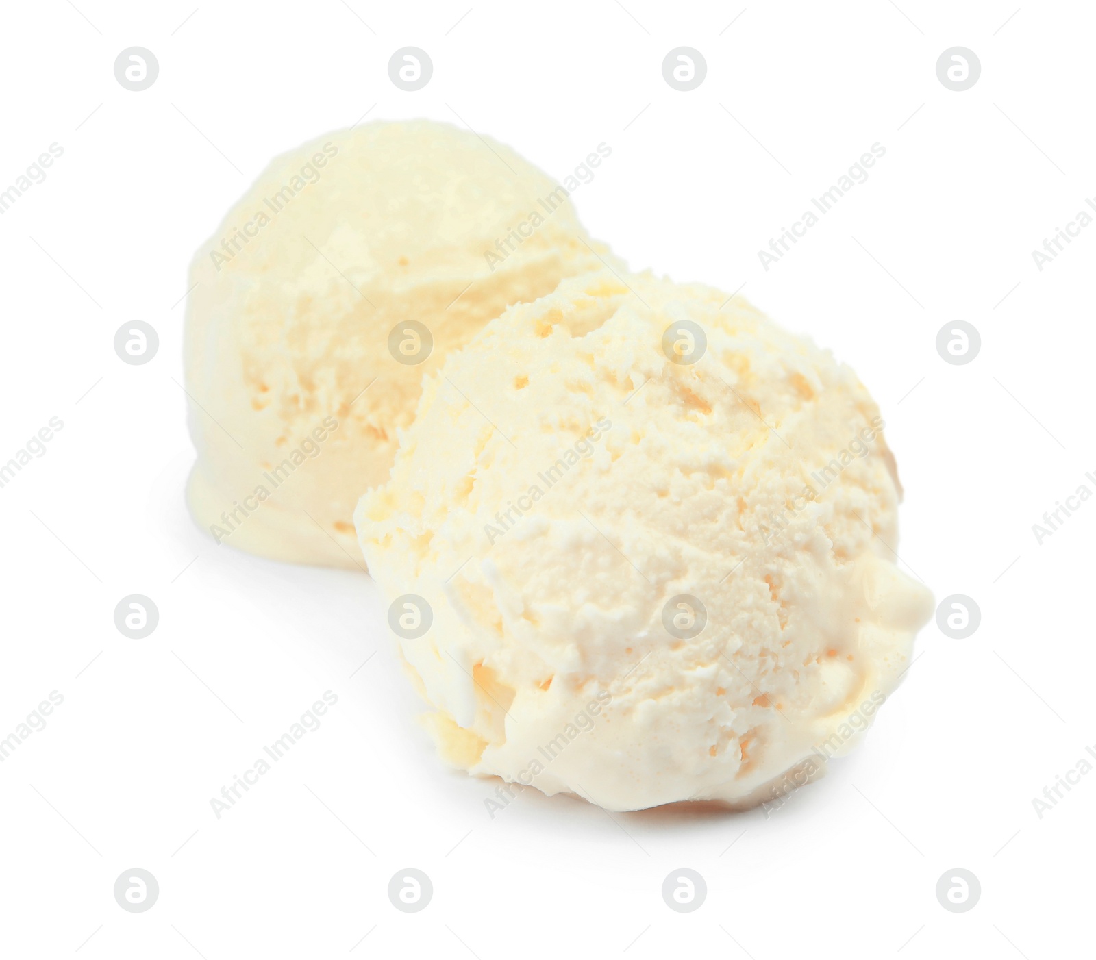 Photo of Balls pf delicious vanilla ice cream on white background
