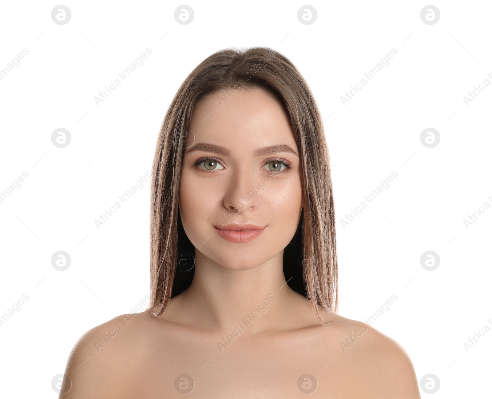 Photo of Portrait of young woman with beautiful face on white background