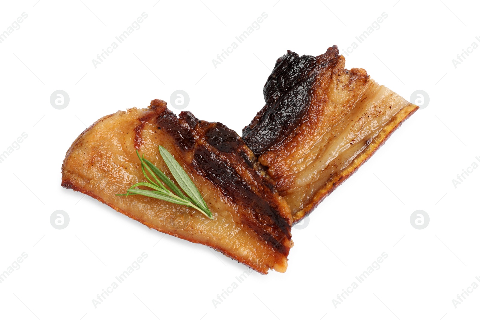 Photo of Tasty fried pork lard with rosemary isolated on white