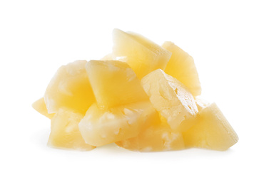 Pieces of canned pineapple isolated on white