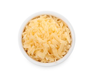 Photo of Tasty grated cheese in bowl isolated on white, top view
