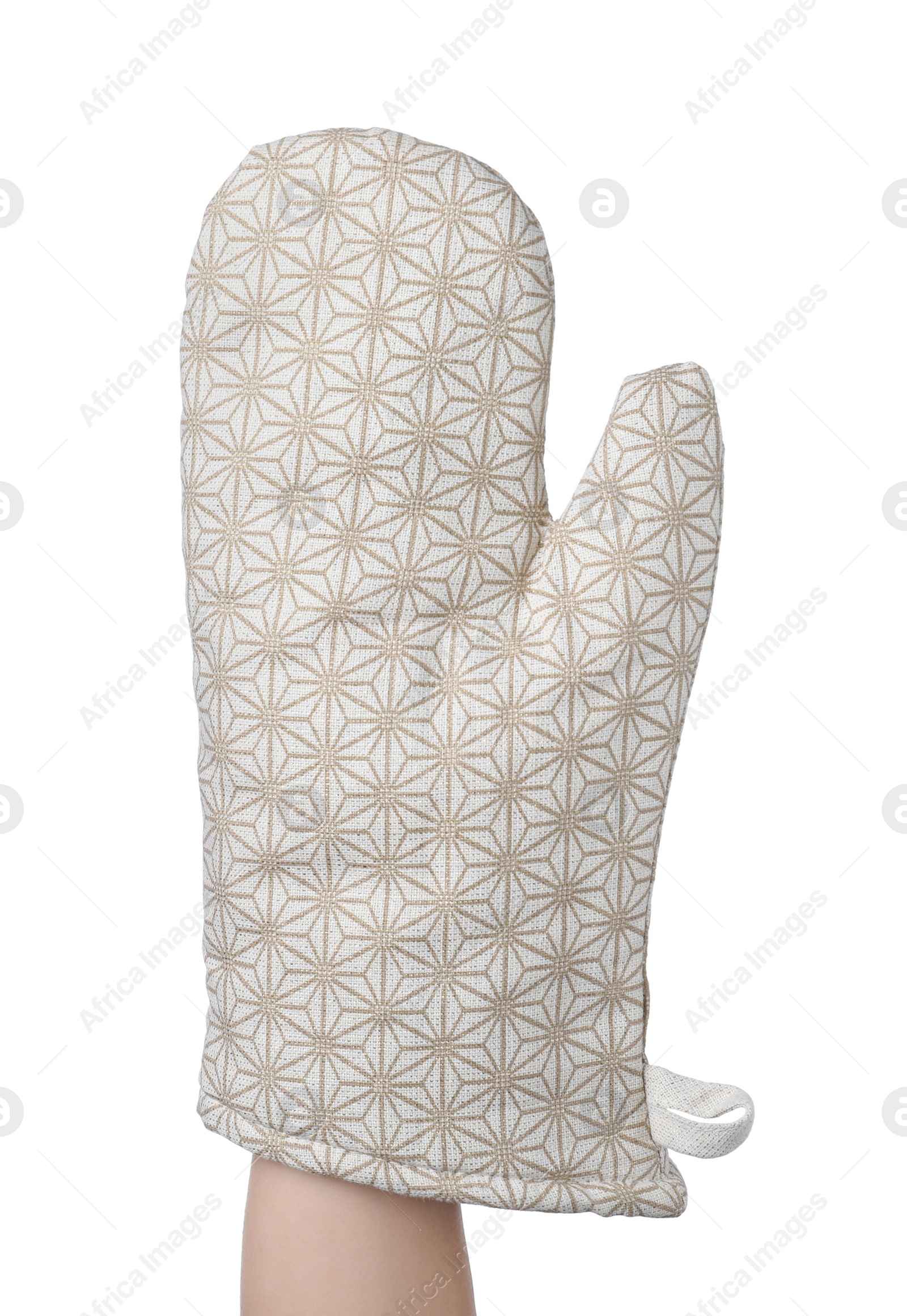 Photo of Chef in oven glove on white background, closeup