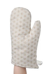 Photo of Chef in oven glove on white background, closeup