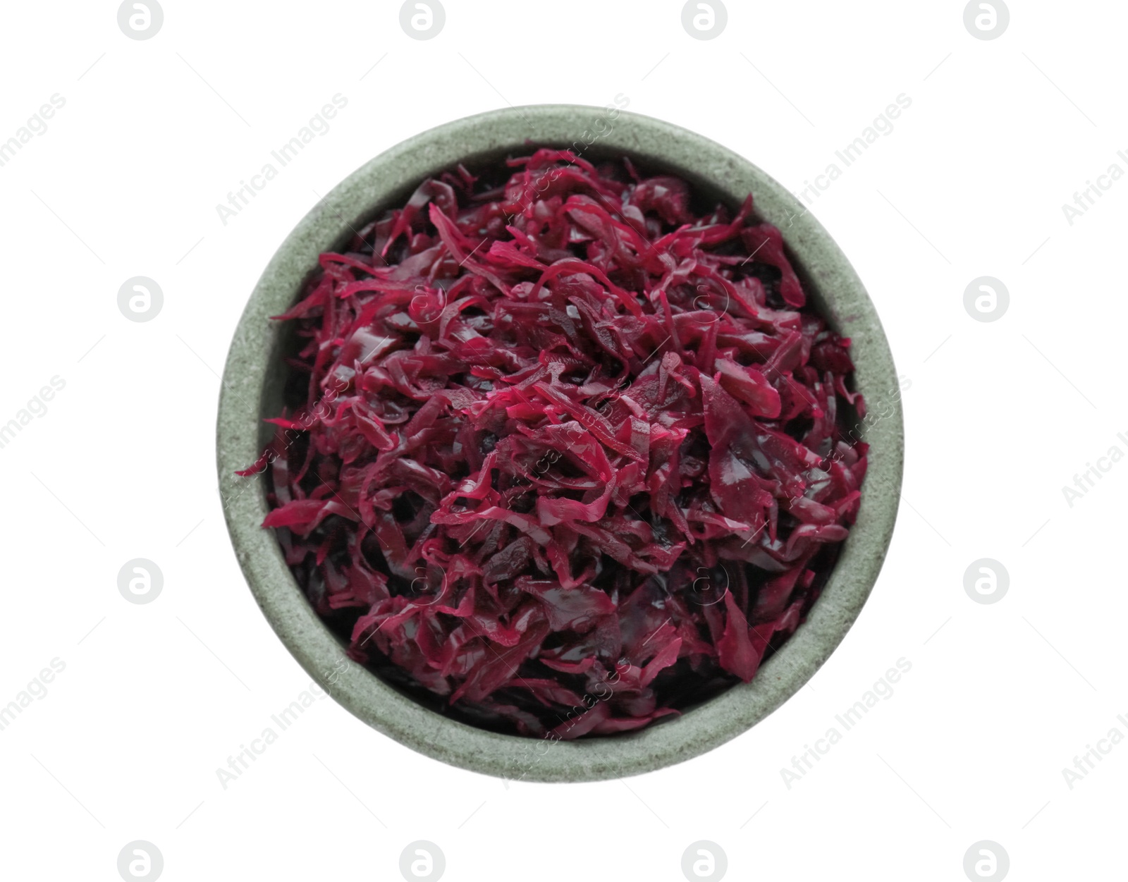 Photo of Bowl with tasty red cabbage sauerkraut isolated on white, top view