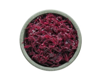 Photo of Bowl with tasty red cabbage sauerkraut isolated on white, top view