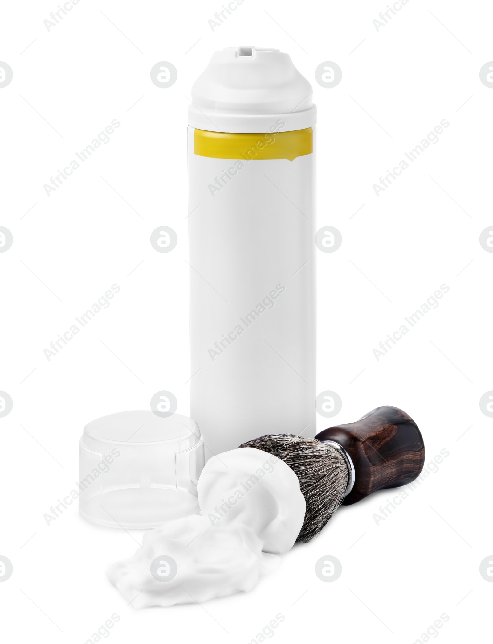 Photo of Bottle with shaving foam and brush on white background