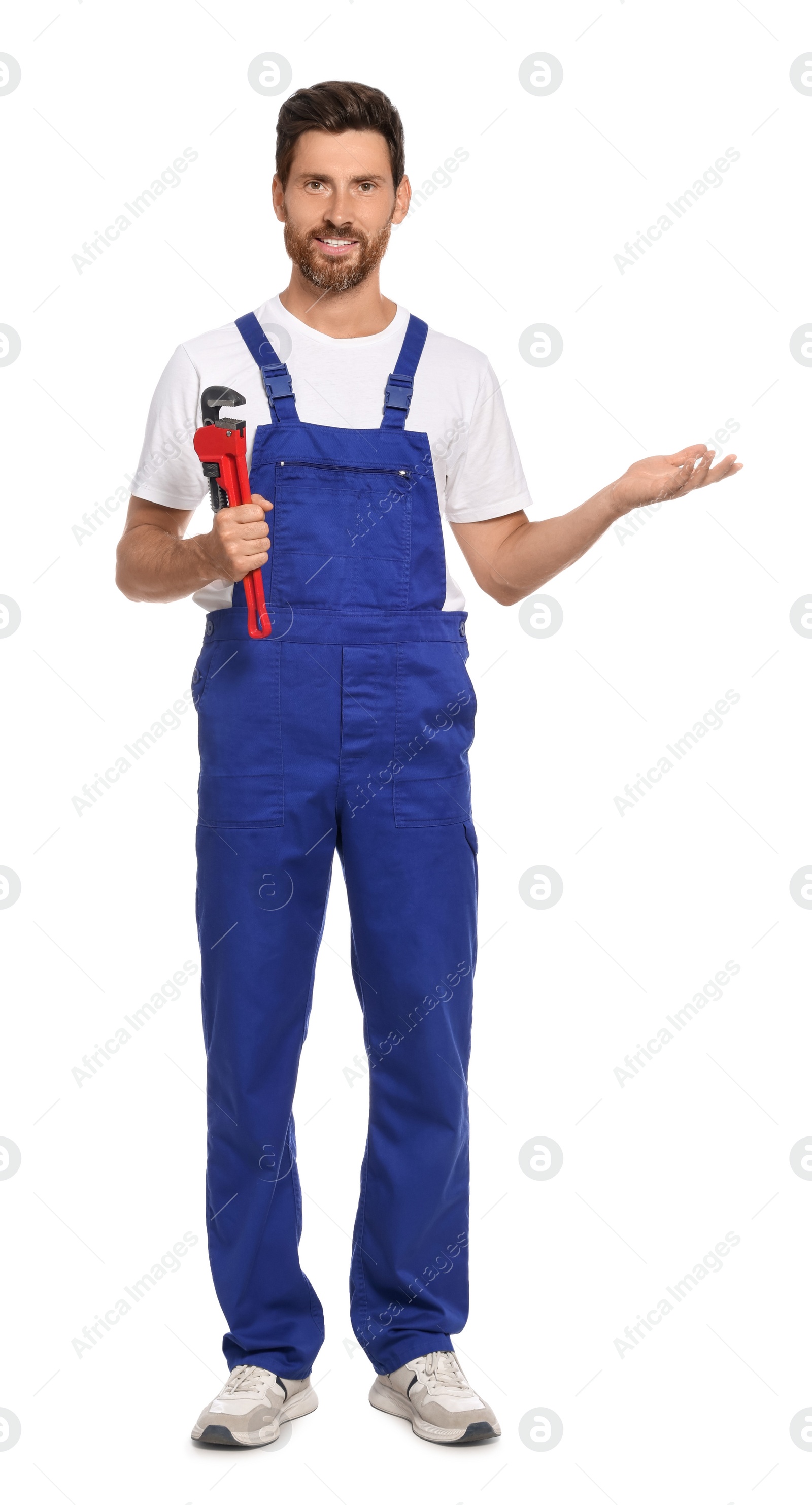 Photo of Professional plumber with pipe wrench on white background