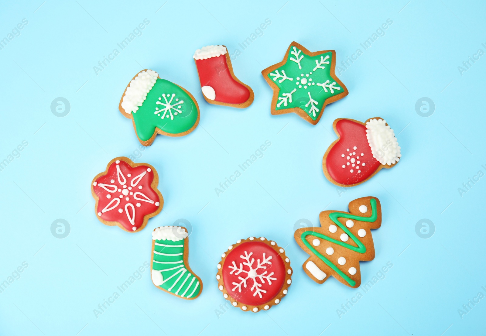 Photo of Frame of tasty homemade Christmas cookies on color background, top view