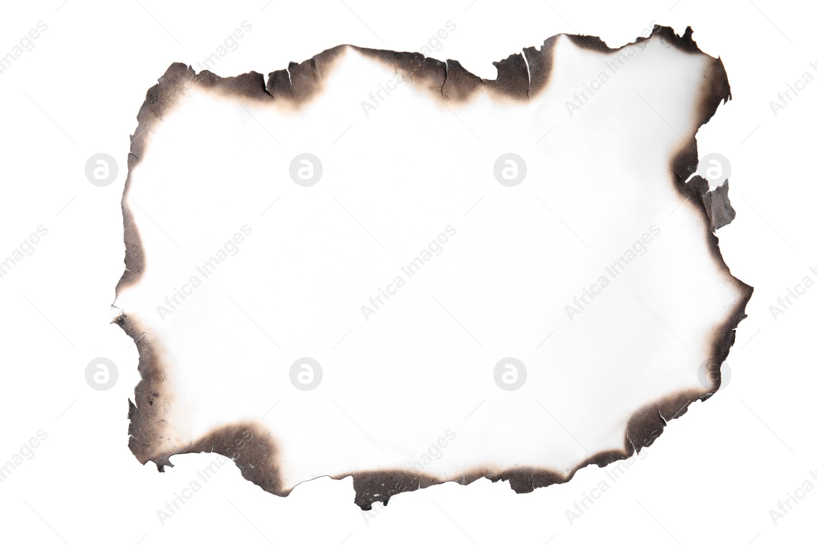 Photo of Piece of paper with dark burnt borders on white background, top view. Space for text