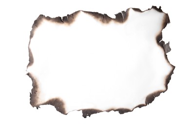 Piece of paper with dark burnt borders on white background, top view. Space for text