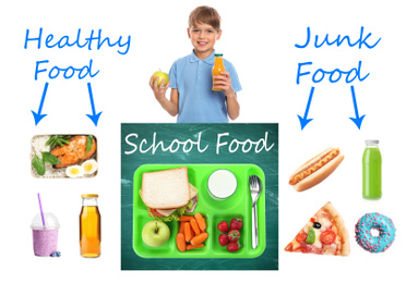 Image of School food, healthy or junk. Boy and different products as variants for lunch