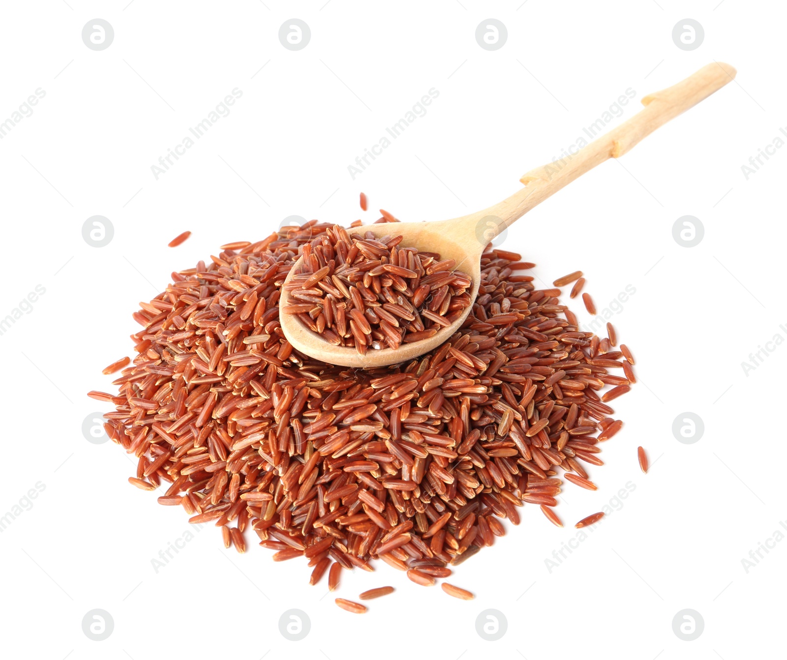 Photo of Spoon and uncooked brown rice on white background