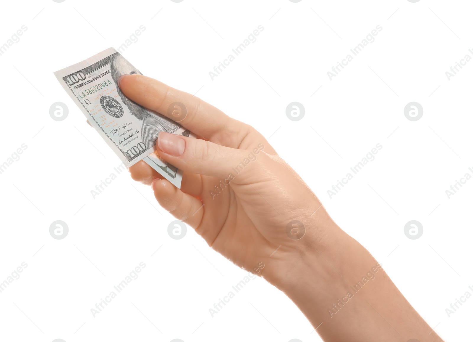 Photo of Woman with American money on white background, closeup