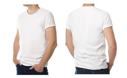 Image of Man in t-shirt on white background, closeup