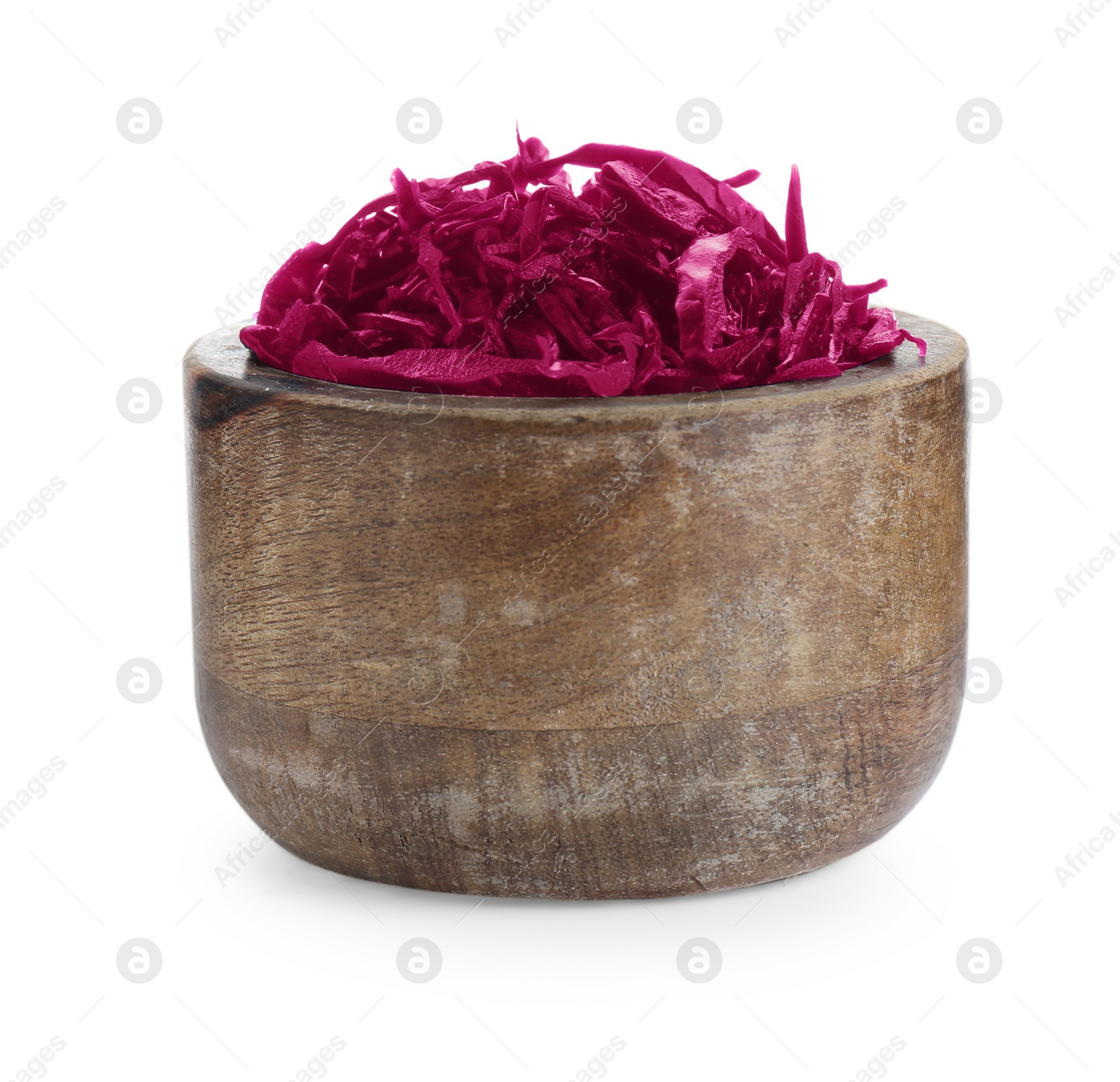 Photo of Bowl with tasty red cabbage sauerkraut isolated on white