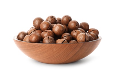 Photo of Bowl with organic Macadamia nuts on white background