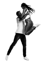 Image of Beautiful young couple dancing on white background