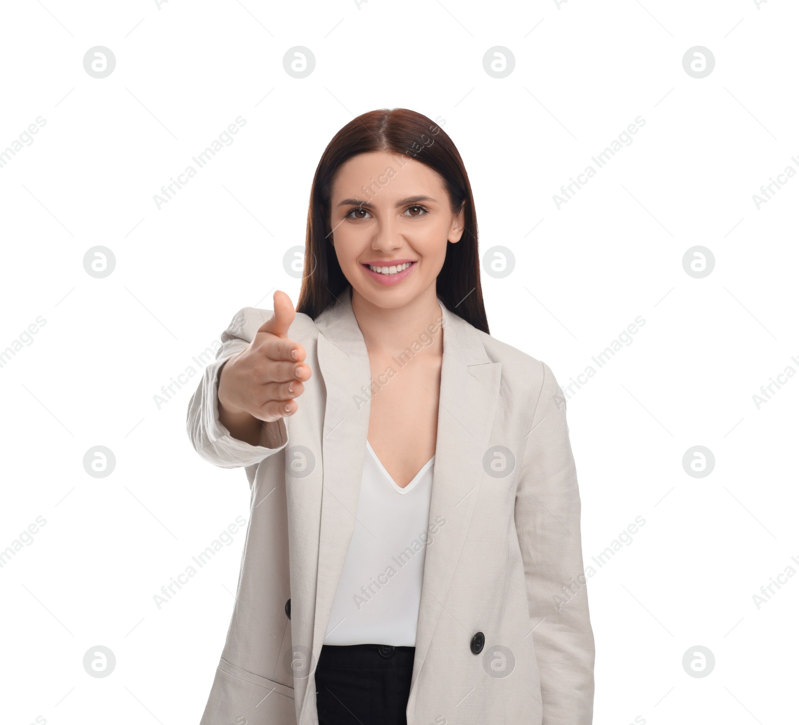 Photo of Beautiful young businesswoman in suit on white background