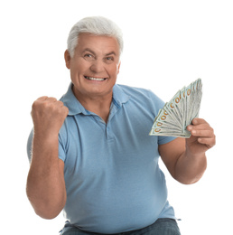 Photo of Emotional senior man with cash money on white background