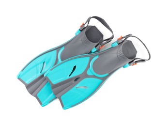 Photo of Turquoise and grey flippers isolated on white, top view. Sports equipment