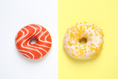 Delicious glazed donuts on color background, flat lay