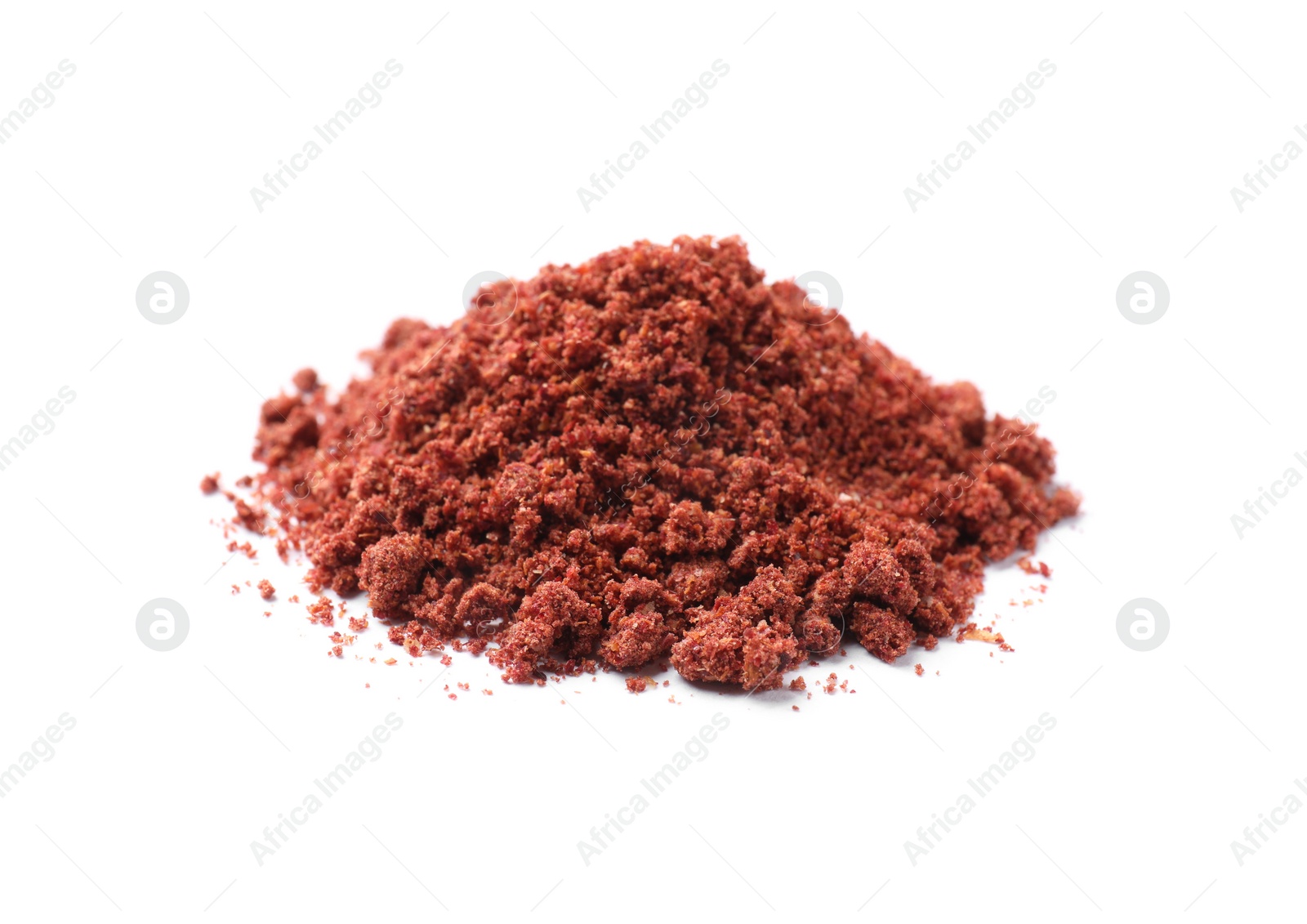 Photo of Heap of dried cranberry powder isolated on white