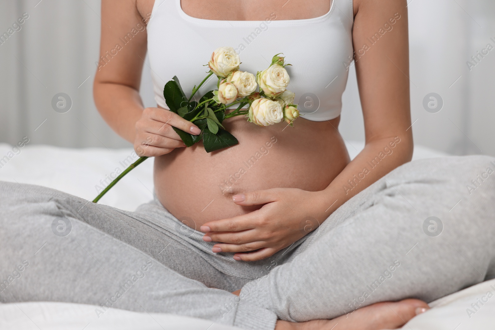 Photo of Pregnant woman with roses sitting on bed indoors, closeup