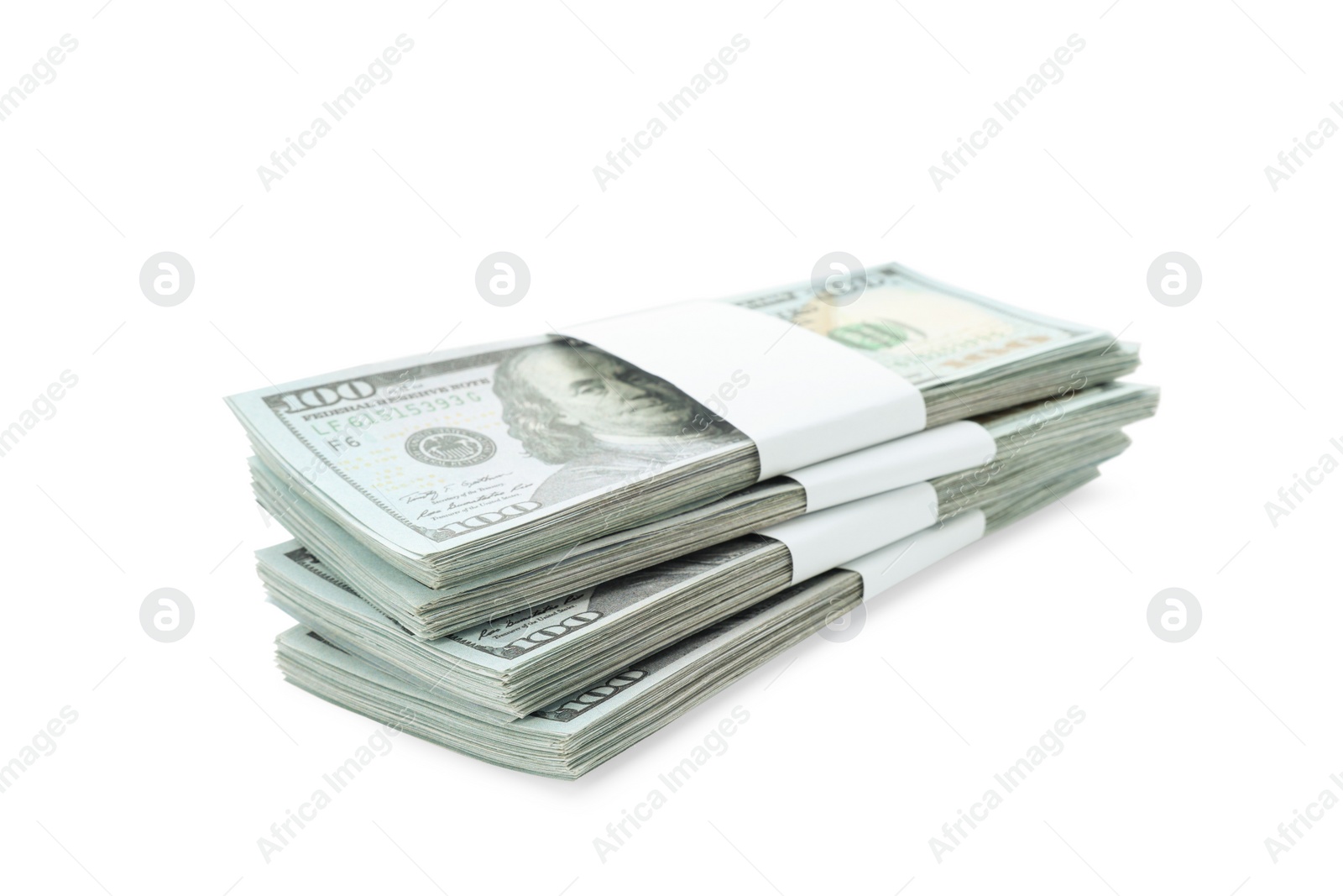 Photo of Bundles of dollar banknotes isolated on white. American national currency