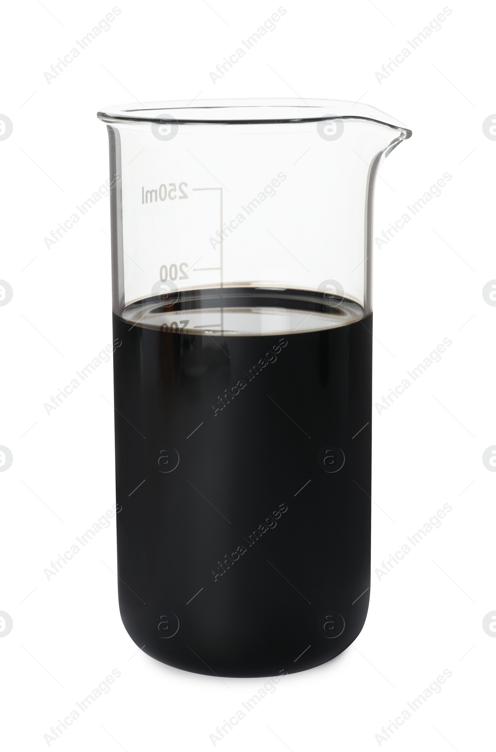 Photo of Beaker with black crude oil isolated on white