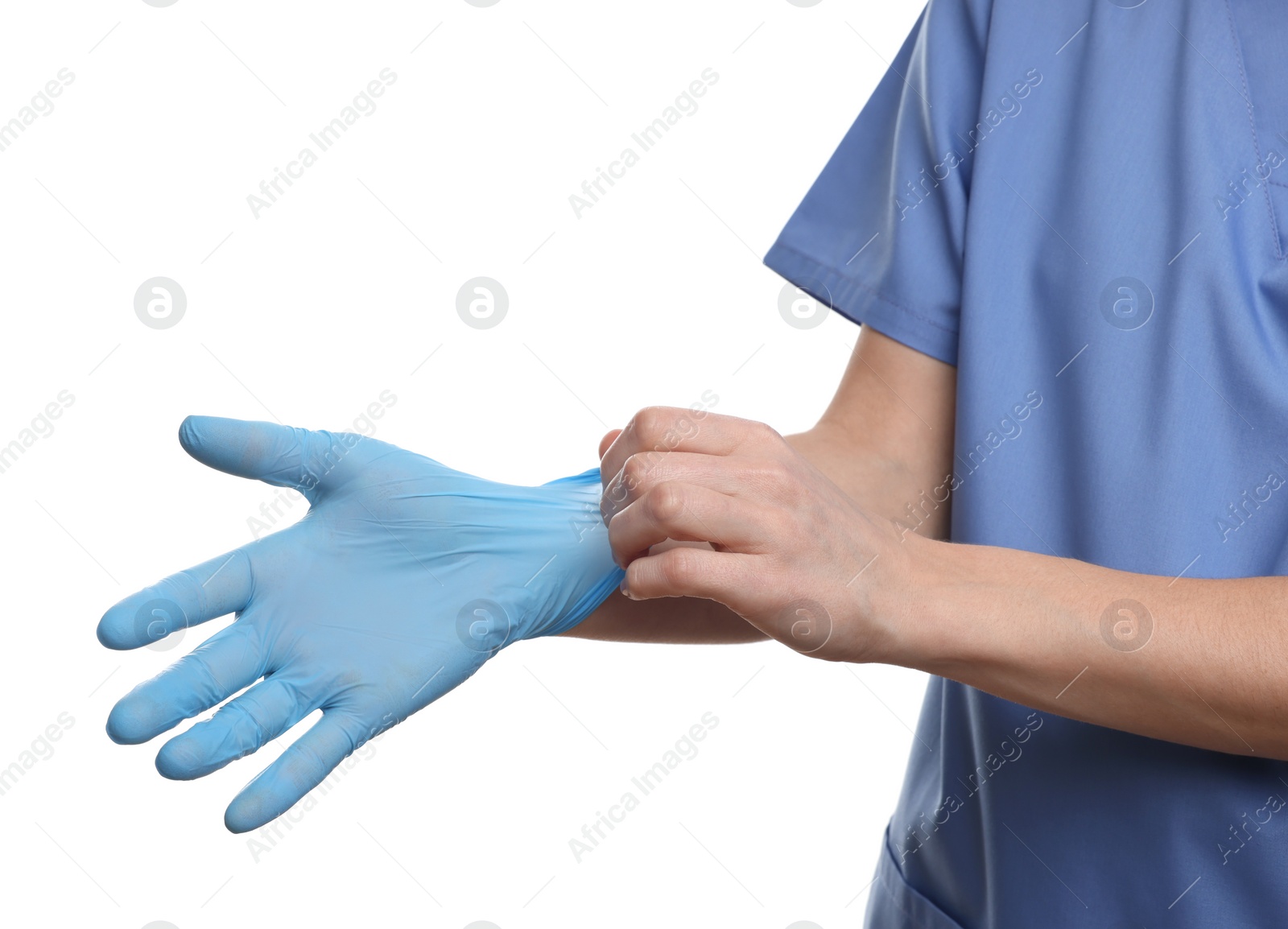 Photo of Doctor wearing light blue medical glove on white background, closeup