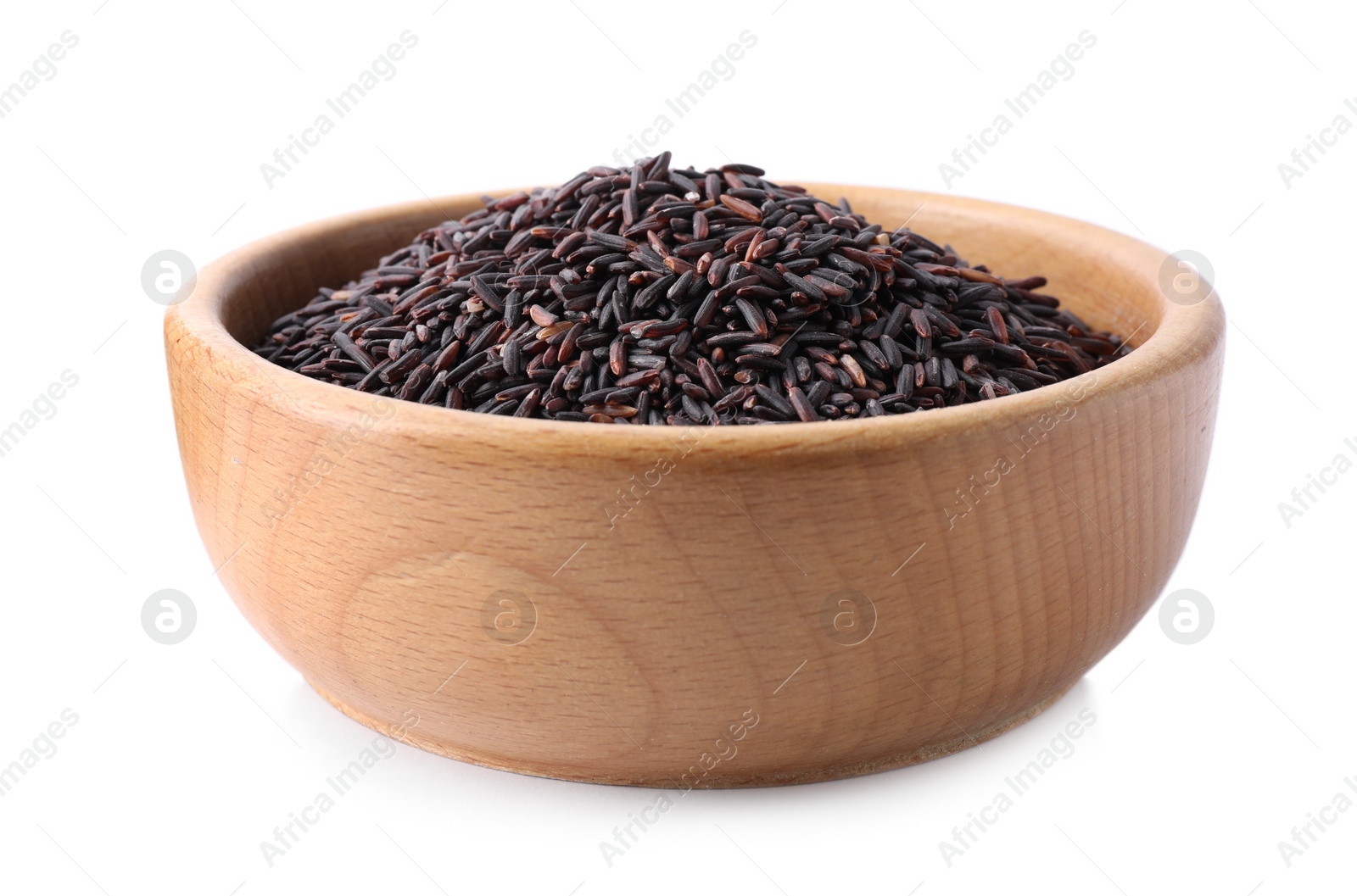 Photo of Brown rice in wooden bowl isolated on white