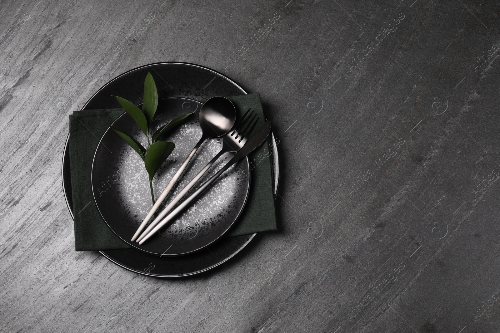 Photo of Elegant table setting. Plates, cutlery, napkin and branch with green leaves, flat lay. Space for text