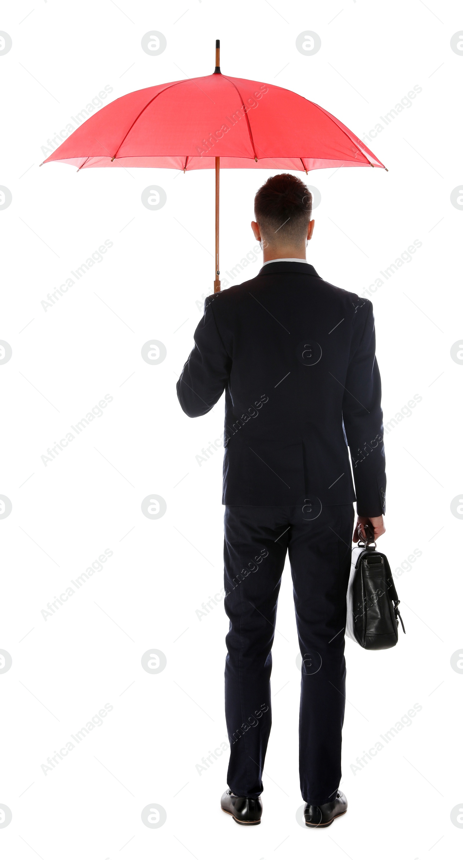 Photo of Businessman with red umbrella on white background, back view