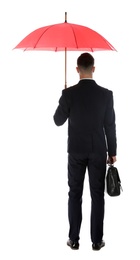 Businessman with red umbrella on white background, back view