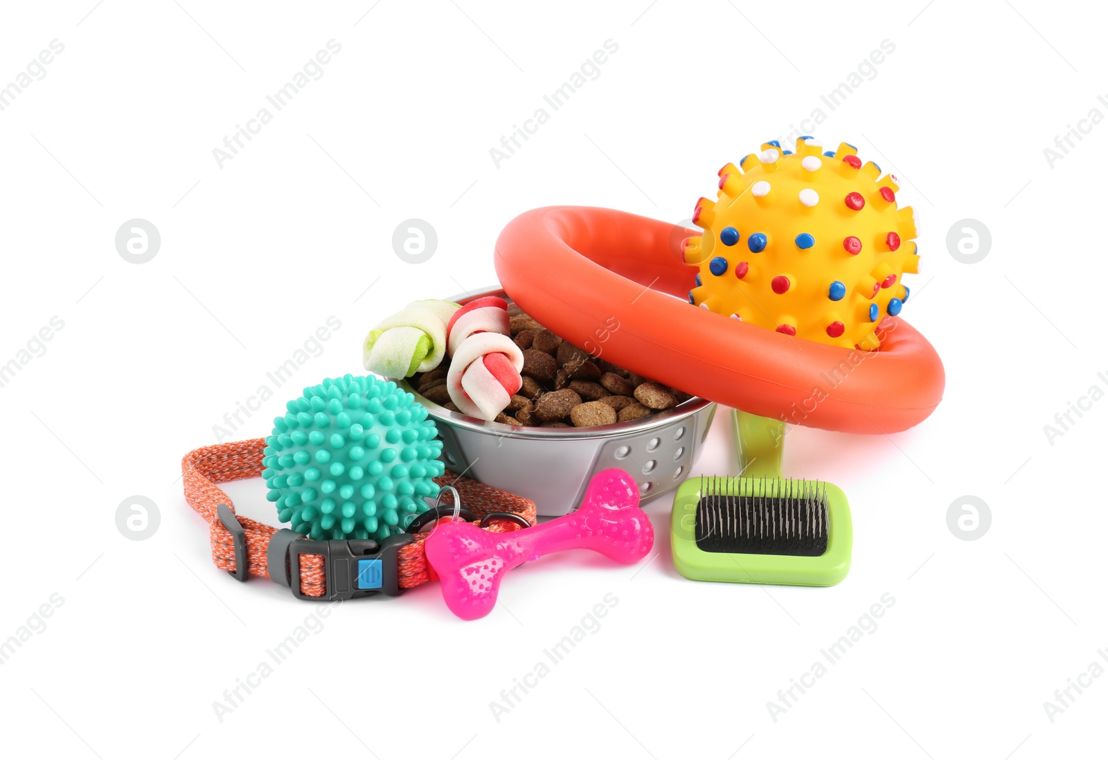 Photo of Dry pet food, toys and other goods isolated on white. Shop items