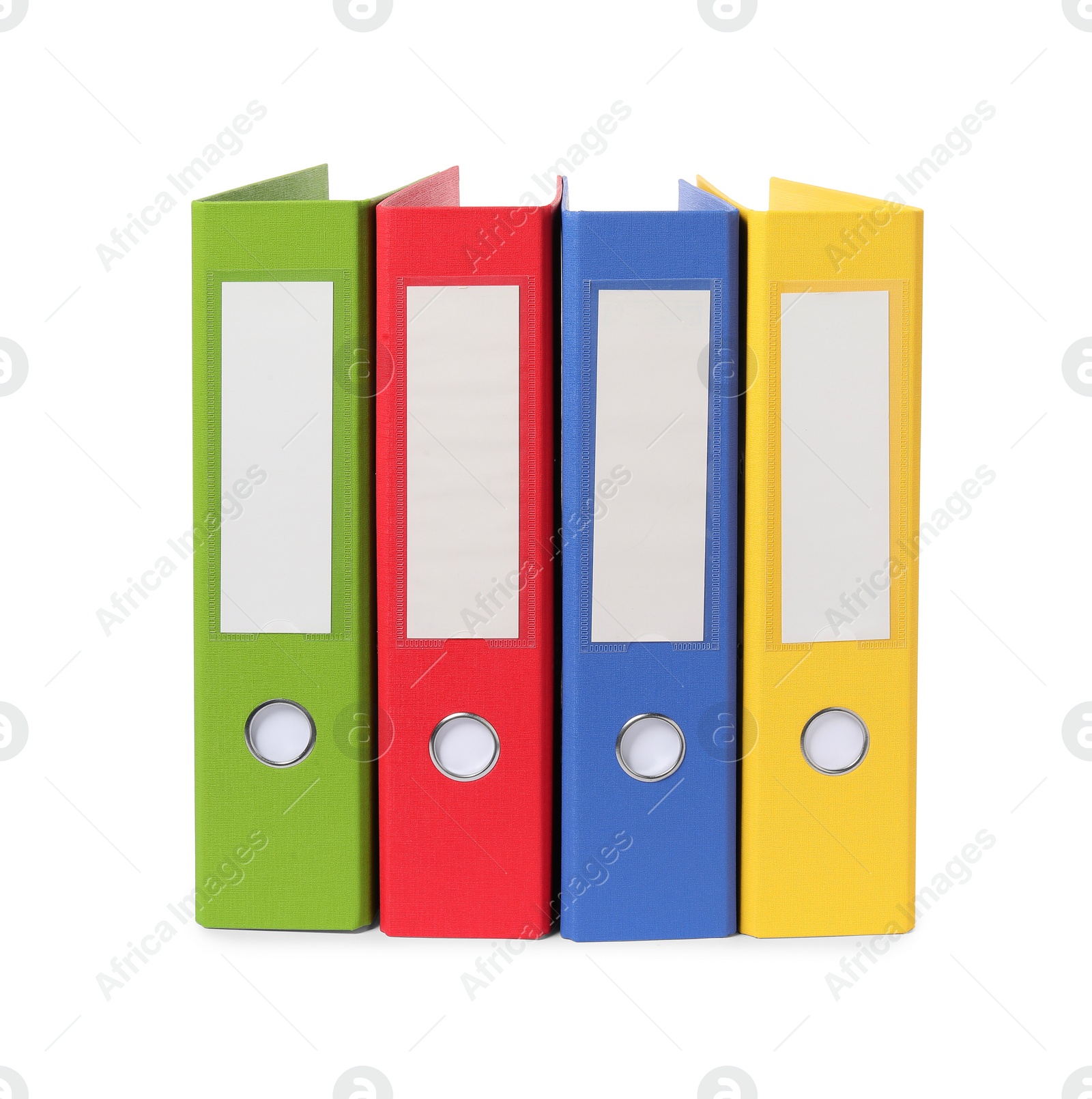 Photo of Many bright office folders isolated on white