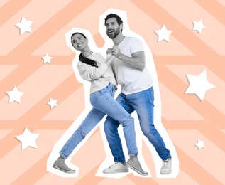 Image of Happy couple dancing on bright background. Creative collage with stylish man and woman. Concept of music, party, fashion, lifestyle