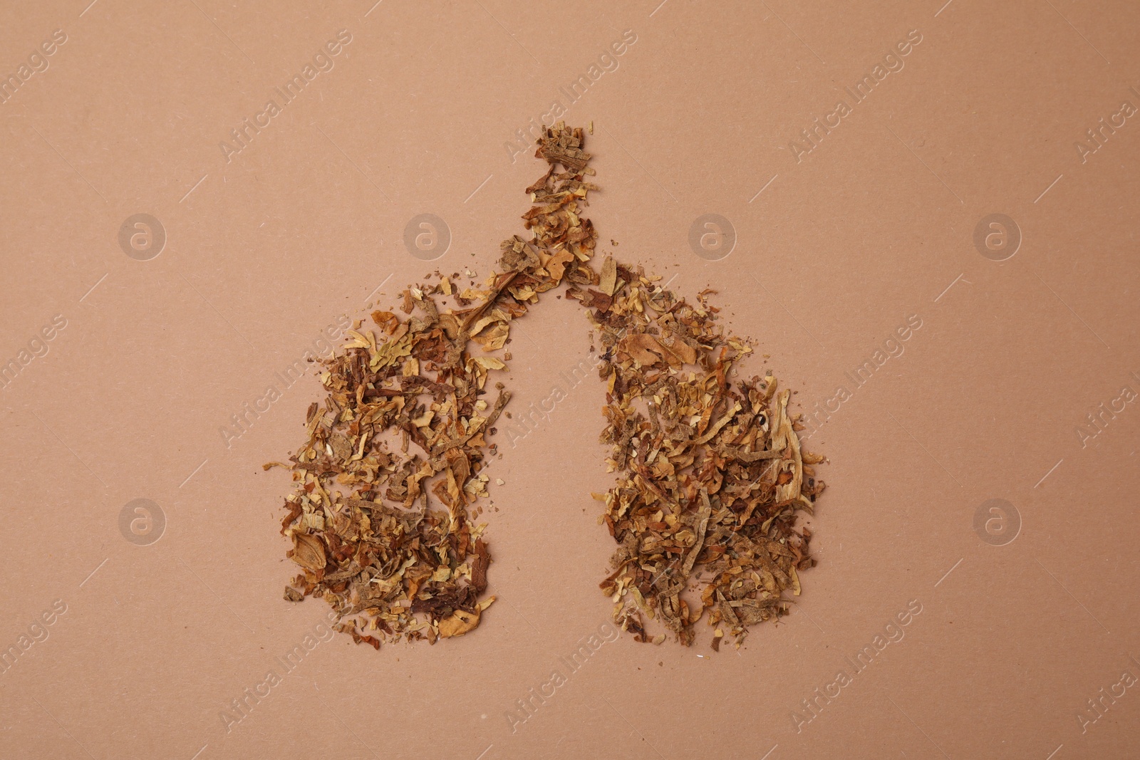 Photo of No smoking concept. Lungs made of dry tobacco on brown background, flat lay