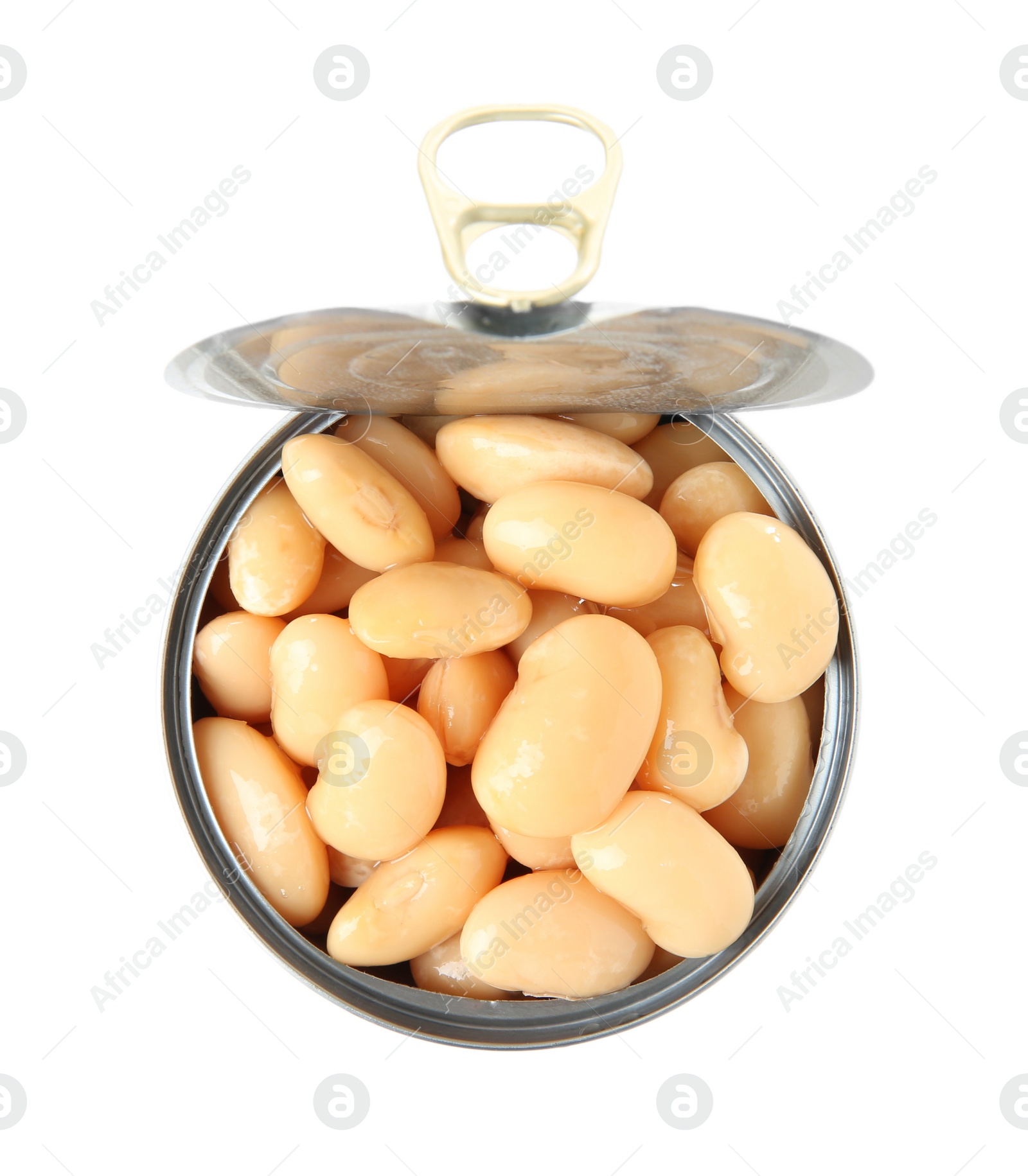 Photo of Open tin can of beans isolated on white, top view