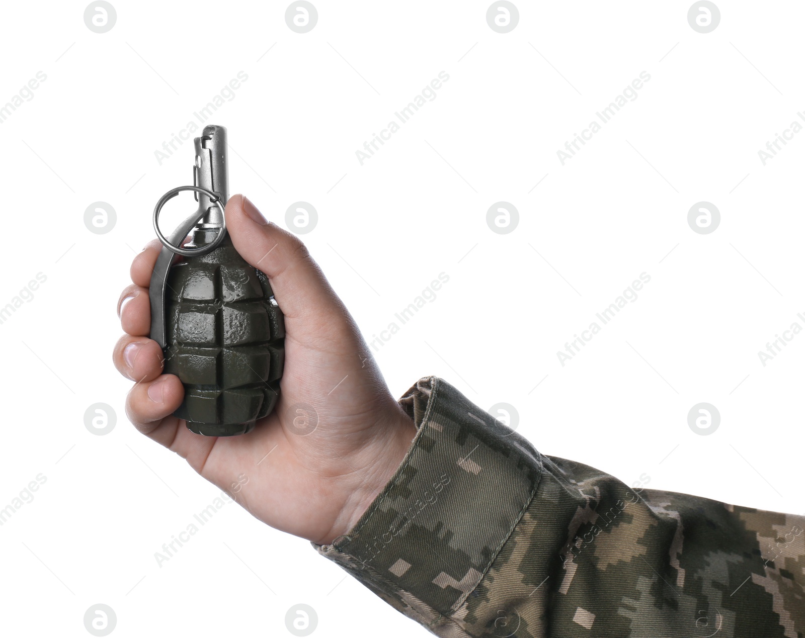 Photo of Soldier holding hand grenade on white background, closeup