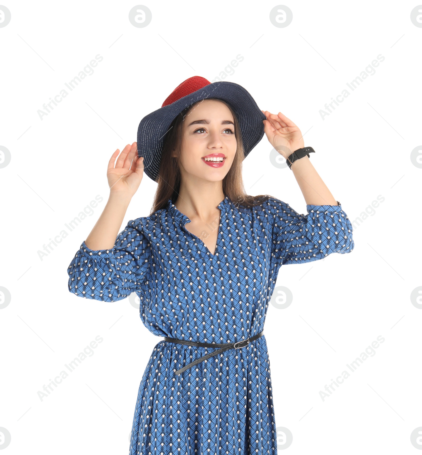 Photo of Portrait of beautiful young woman in stylish dress on white background