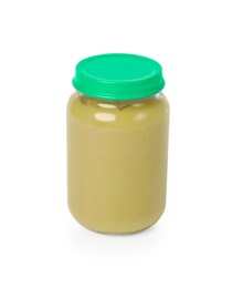 Glass jar with healthy baby food isolated on white