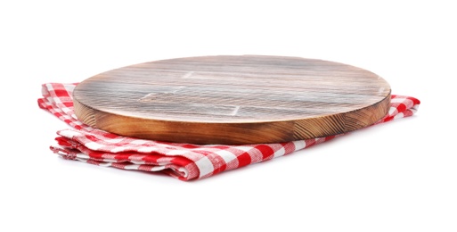 Photo of Wooden board on white background. Kitchen utensil