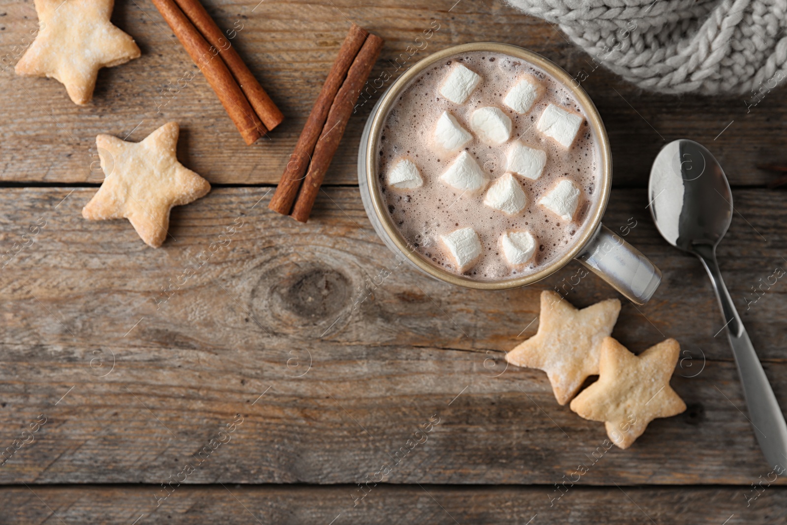 Photo of Composition with delicious hot cocoa drink and cookies on wooden background, flat lay