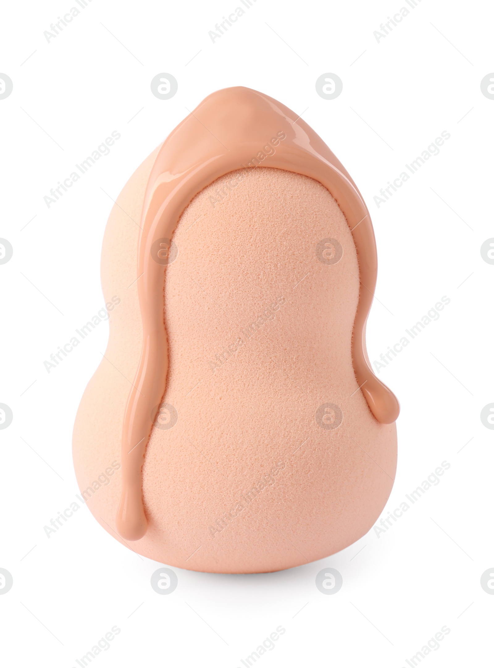 Photo of Beige makeup sponge with skin foundation isolated on white