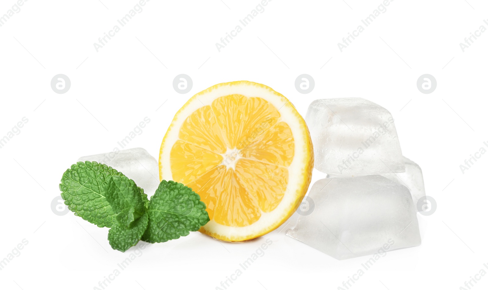 Photo of Ice cubes, mint and lemon on white background