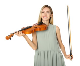 Photo of Beautiful woman with violin on white background