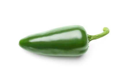 Photo of Ripe green hot chili pepper on white background, top view