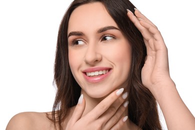 Portrait of beautiful young woman on white background