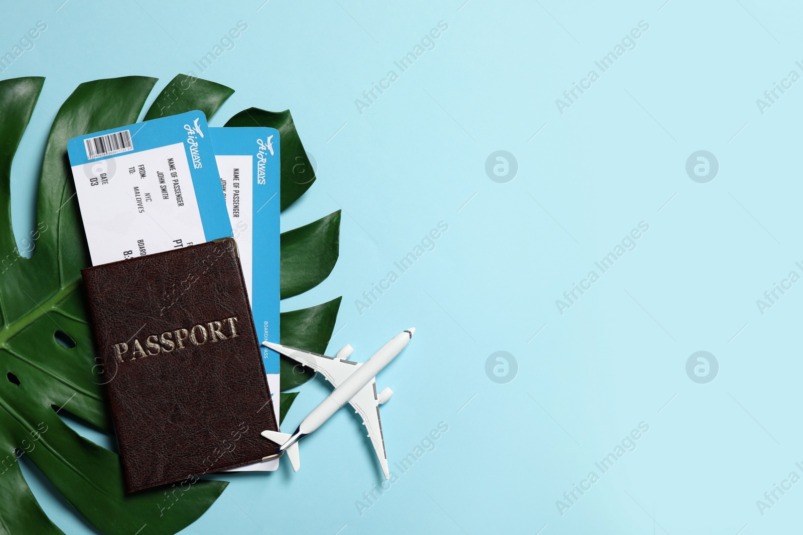 Photo of Passport with tickets, airplane model and tropical leaf on light blue background, flat lay. Space for text